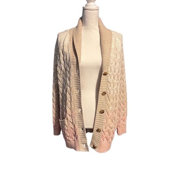 NWT Lands' End Drifter Cable-Knit Shawl Cardigan Sweater Ivory Tan Pink Medium - Picture 6 of 8